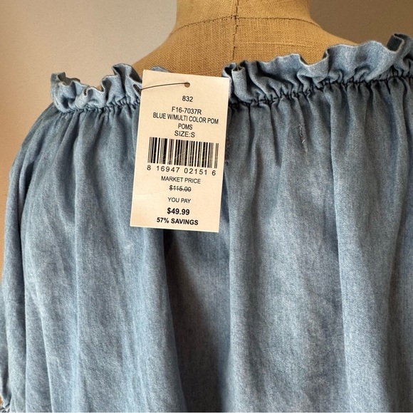 NWT Saks Fifth Avenue Chambray Mini Pom Pom Off-Shoulder Flounce Dress Size S - Picture 7 of 10